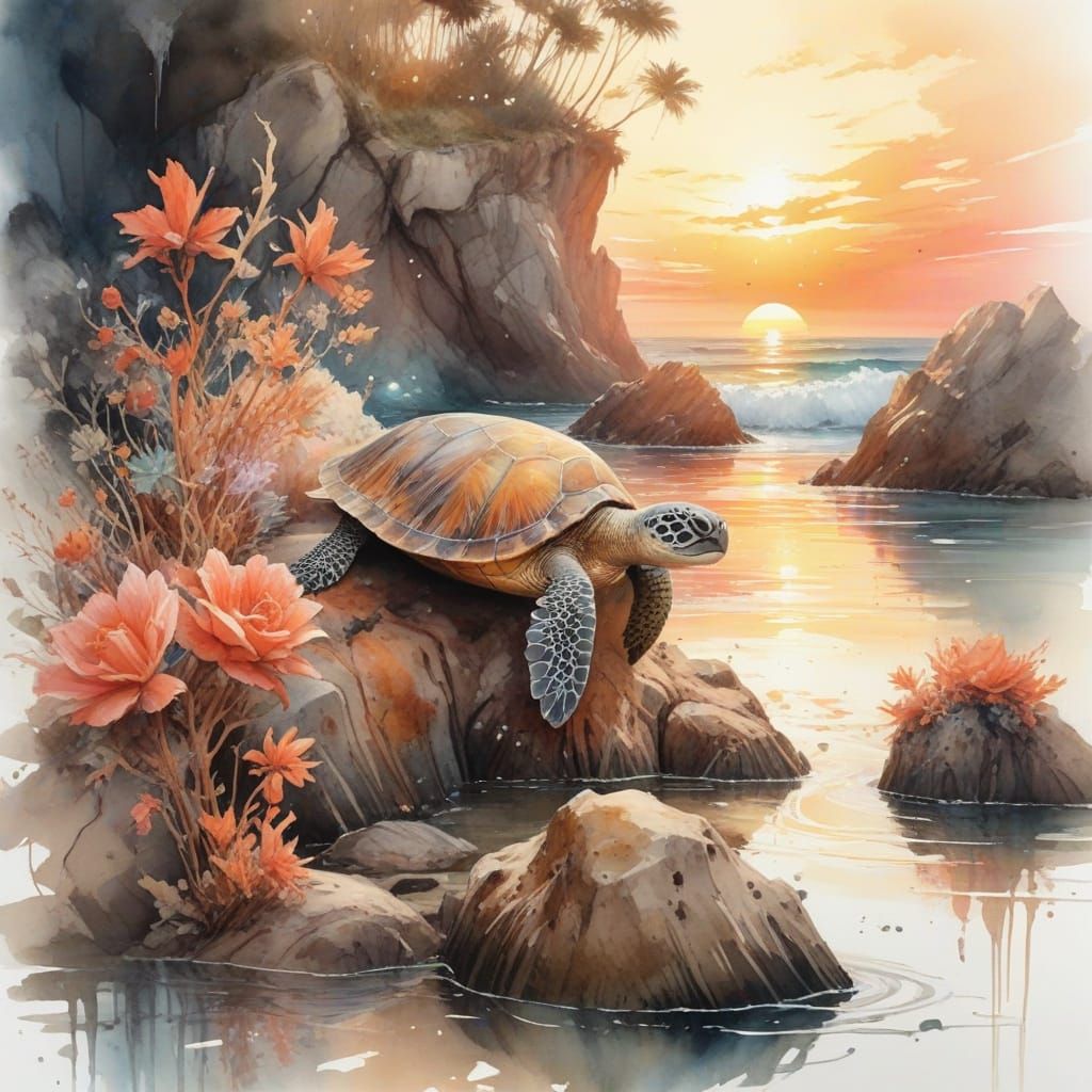 Sunset Grotto with Sea Turtles in Hyperreal Style