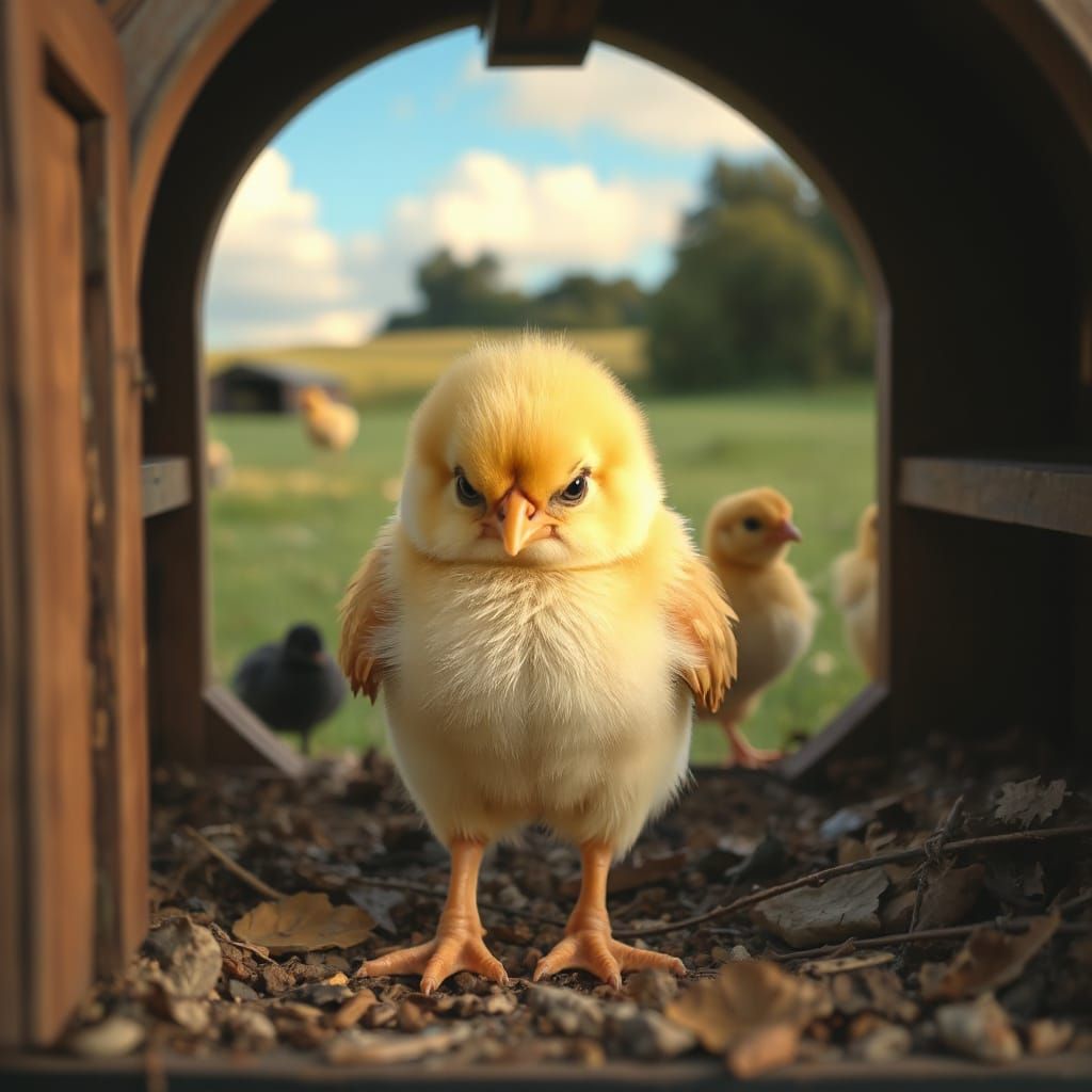 Grumpy Chick in Coop: Hyperrealistic Concept Art