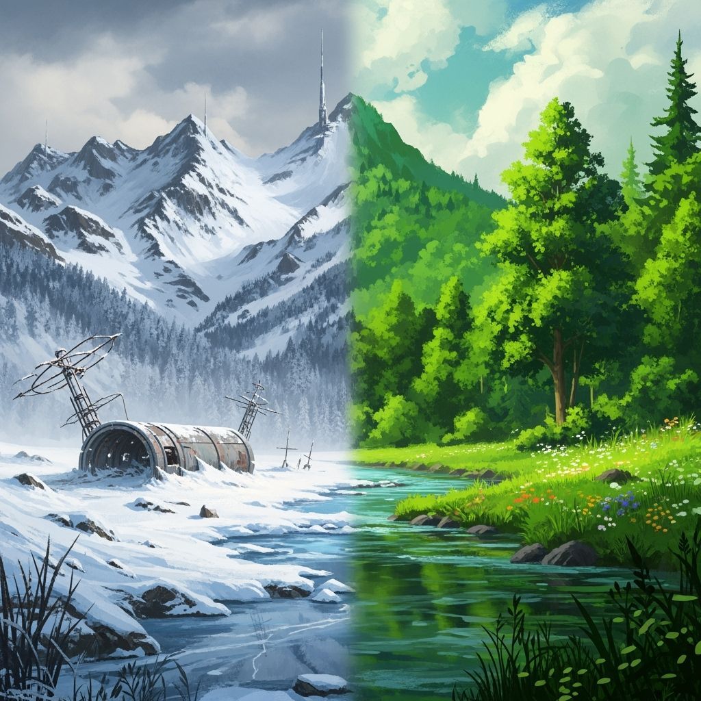 Dual Season Landscape: Winter Mountains Meet Summer Fields