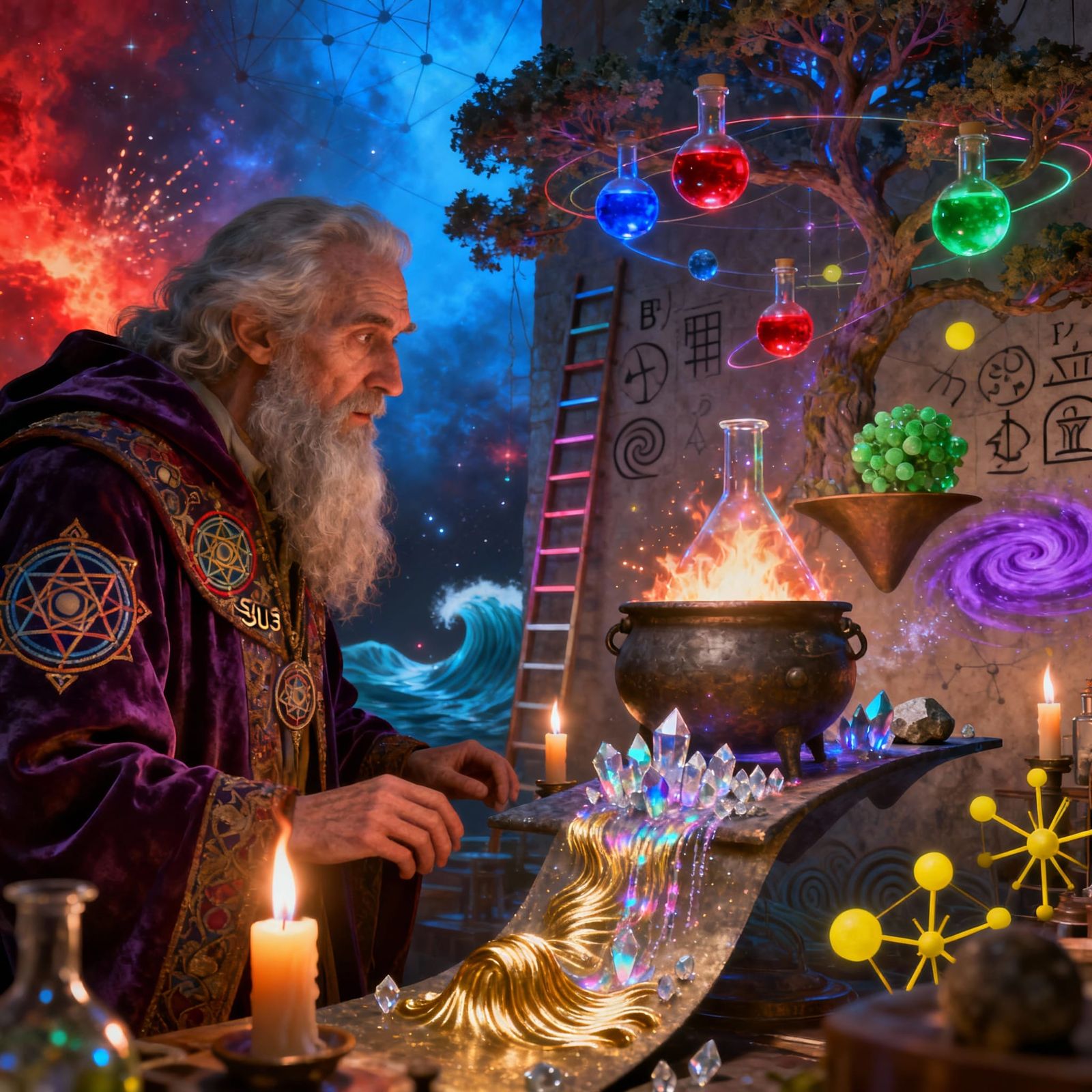 Surreal Cosmic Alchemy Lab in Neon Light