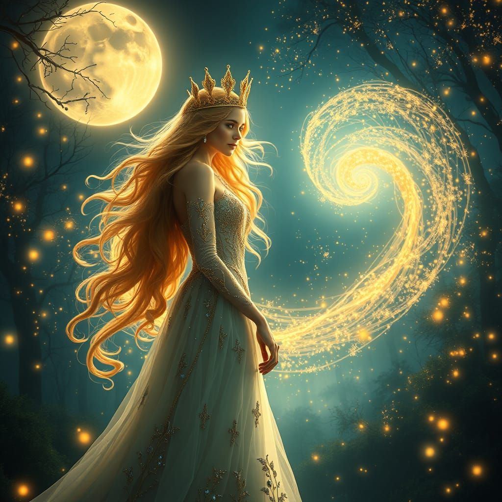 Regal Princess in Moonlit Forest with Swirling Fireflies