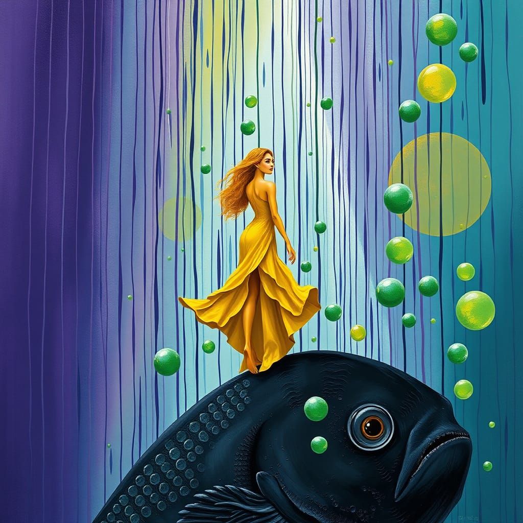 Vibrant Woman Rides Majestic Black Fish Amidst Green Bubbles