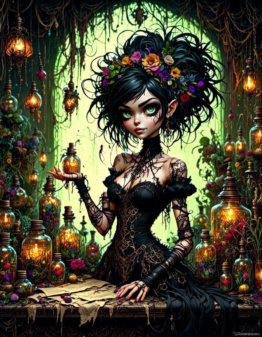 Dark Alchemist in Lush Poison Garden Portrait