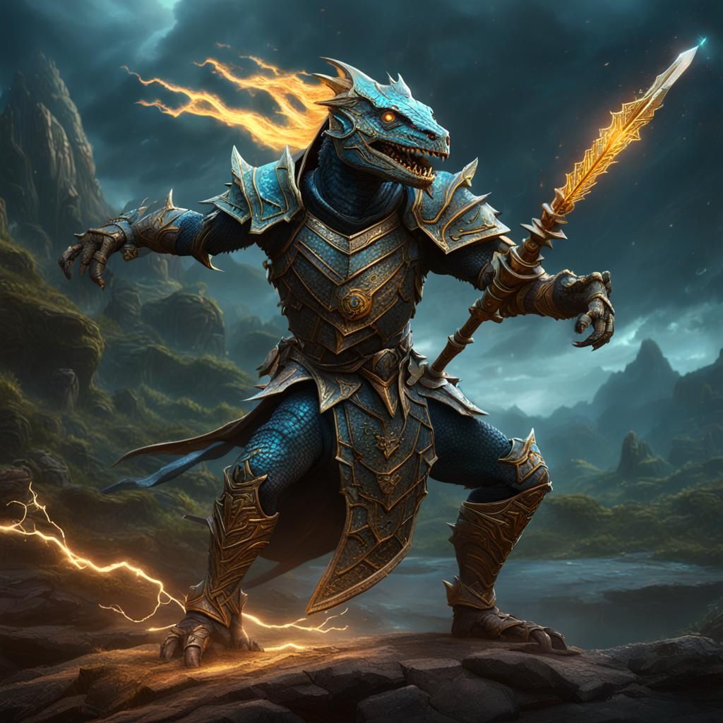 Lizardfolk Knight with Lightning Spear: Fantasy Art