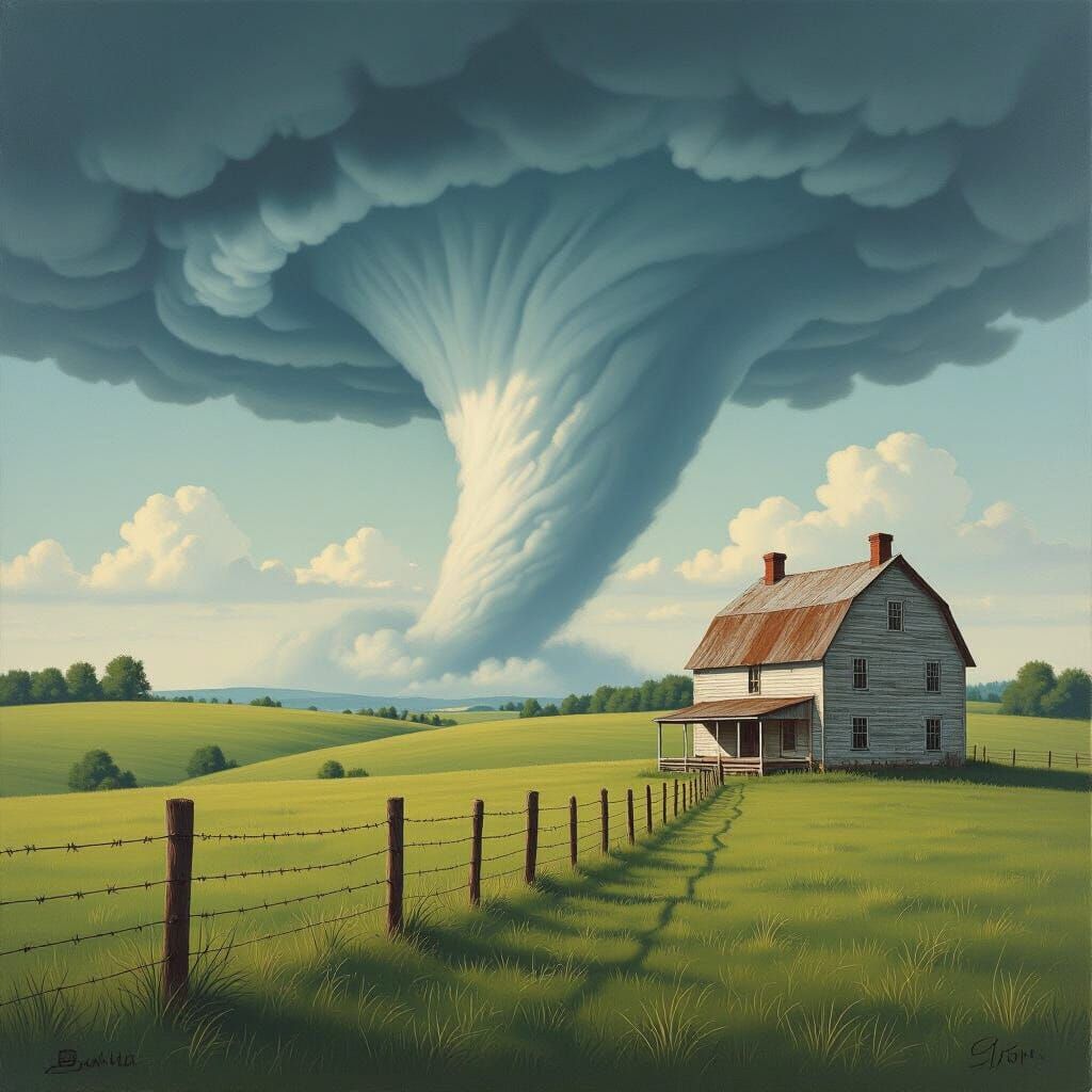 Farmhouse, Pasture, and Tornado in Realist Style