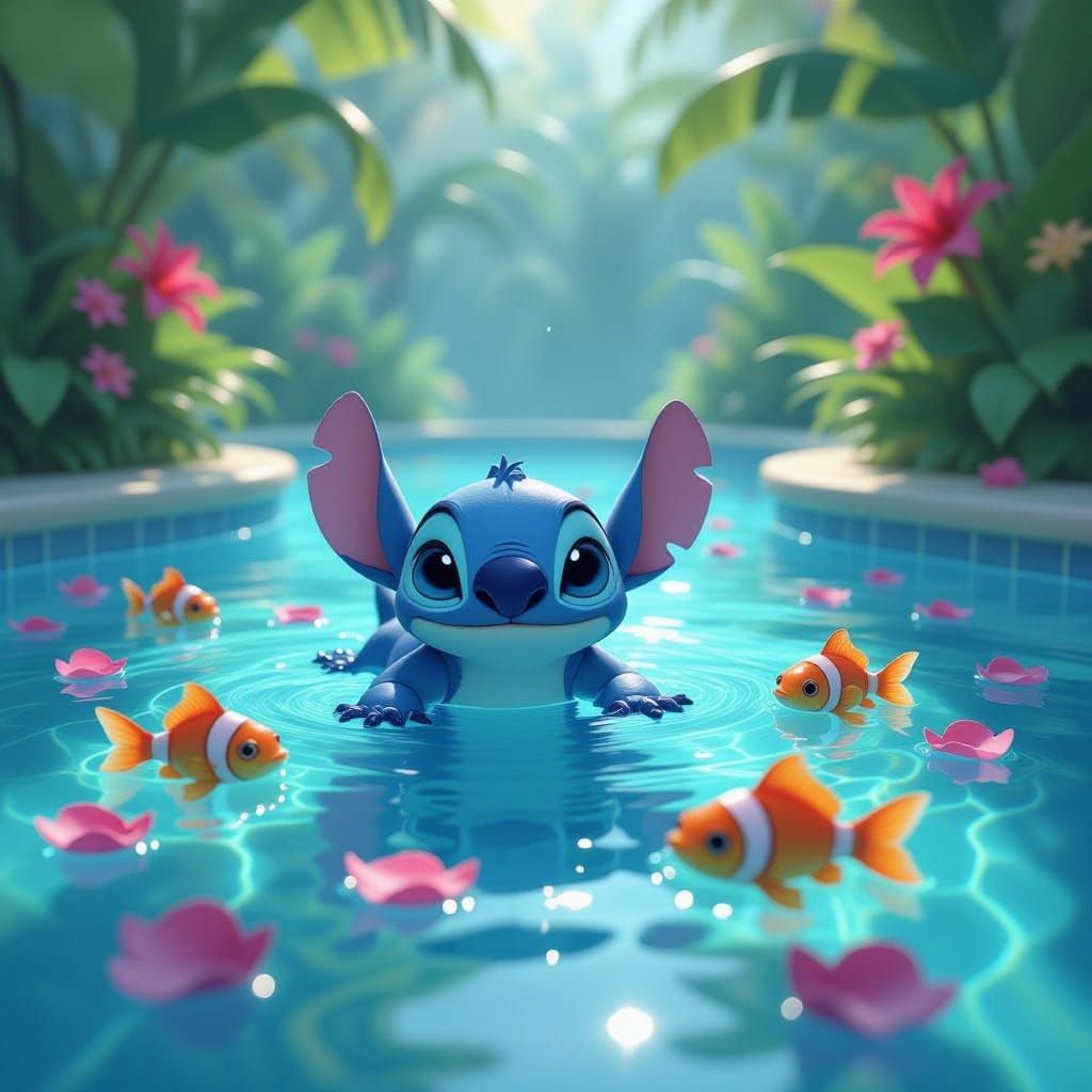 Stitch Swimming With Tropical Fish