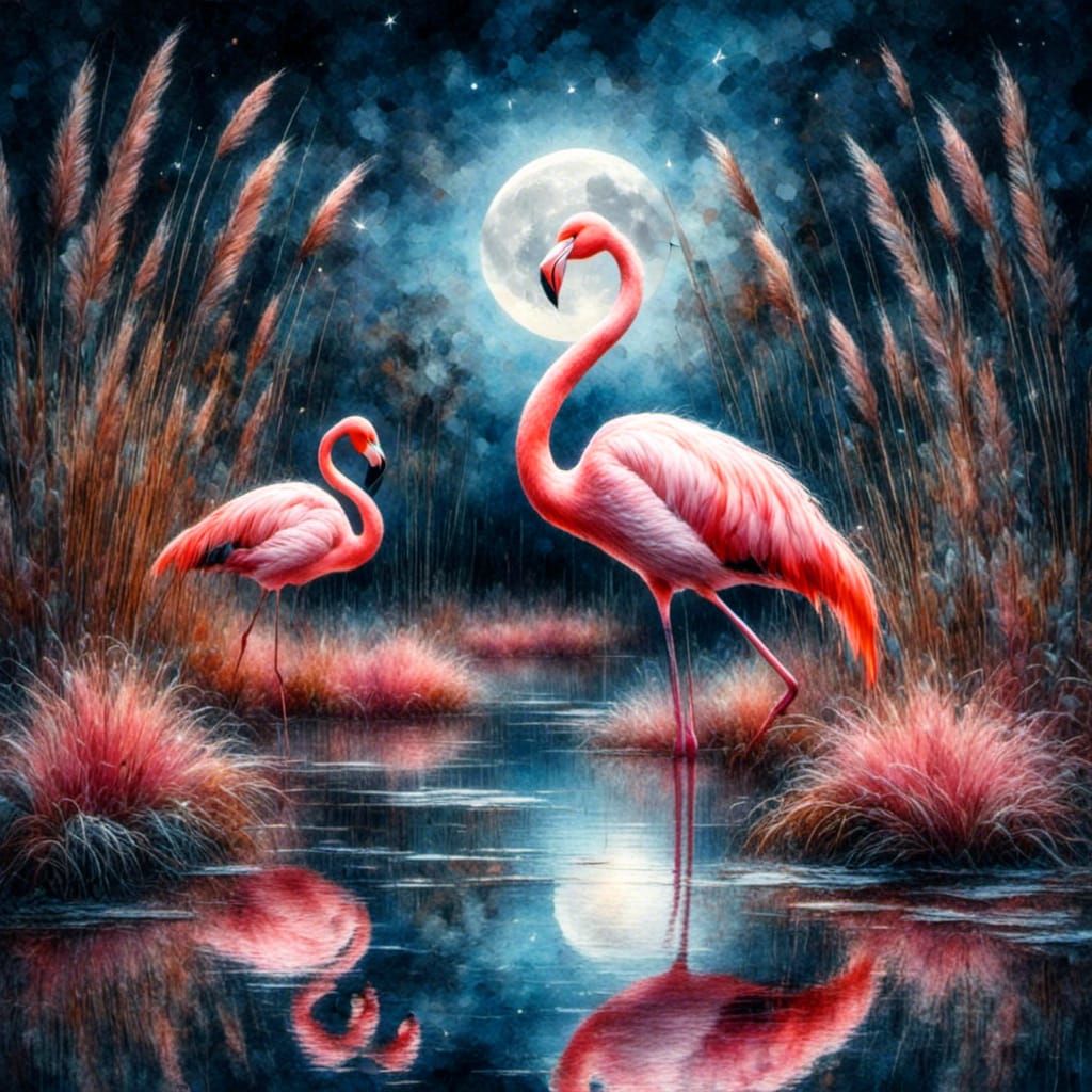 Pink Flamingo Under Moonlight: Acrylic Oil Watercolor