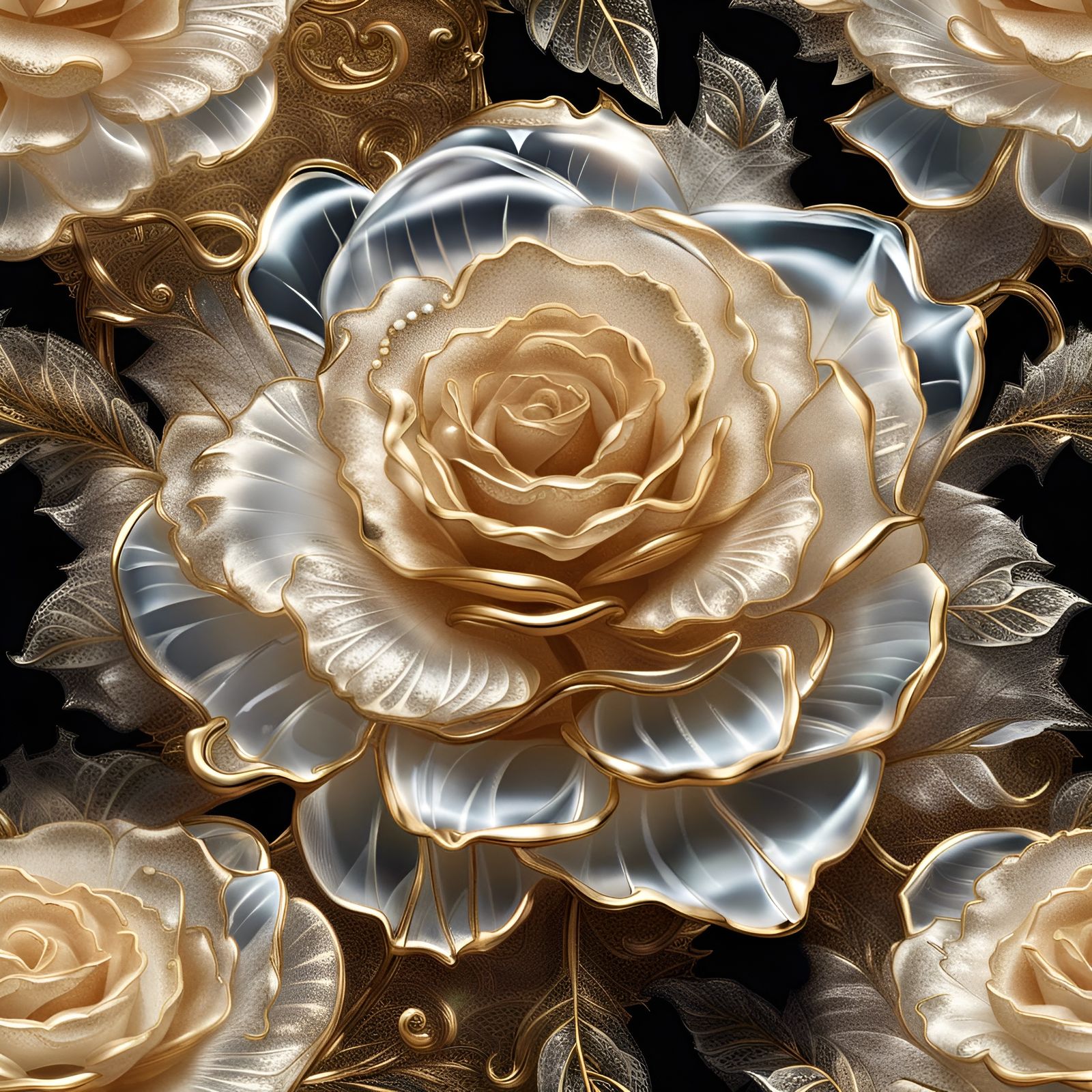 Translucent Ice Rose with Gold Fractal Trim