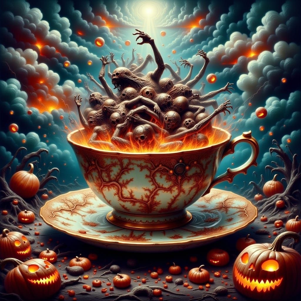 Humanity vs Machines in Surreal Teacup Oil Painting