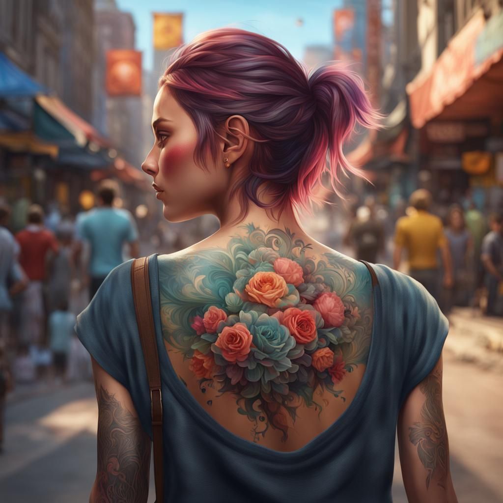 Tattooed Girl Walking: Hyperdetailed Artstation Portrait