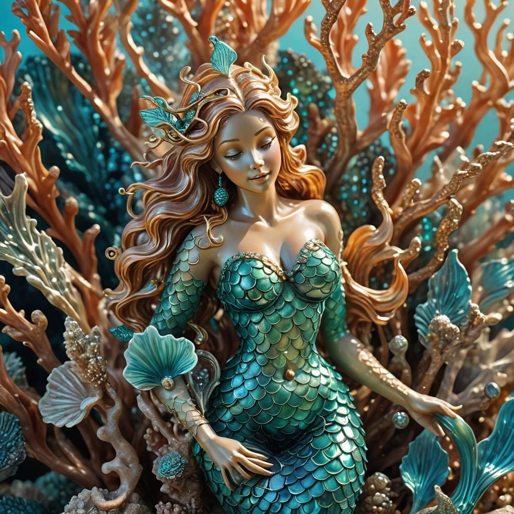 Enameled Glass Mermaid Figurine on Coral Reef