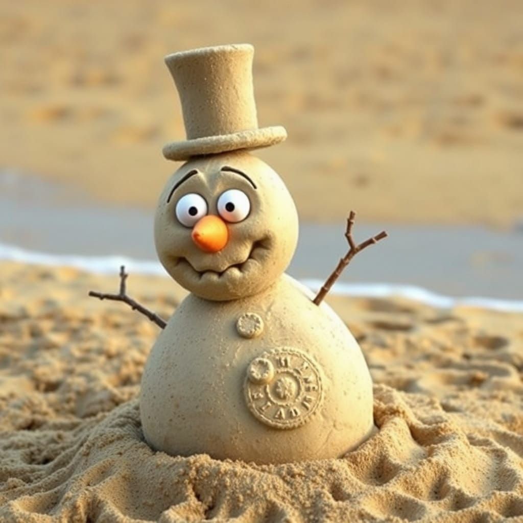 Whimsical Snowman Sand Sculpture on a Golden Beach