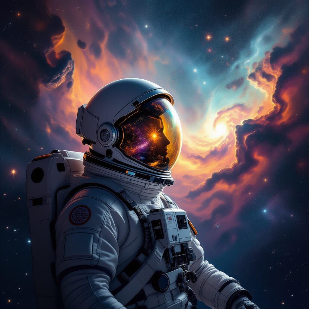 Astronaut Adrift in Swirling Nebula, Reflecting Galaxies