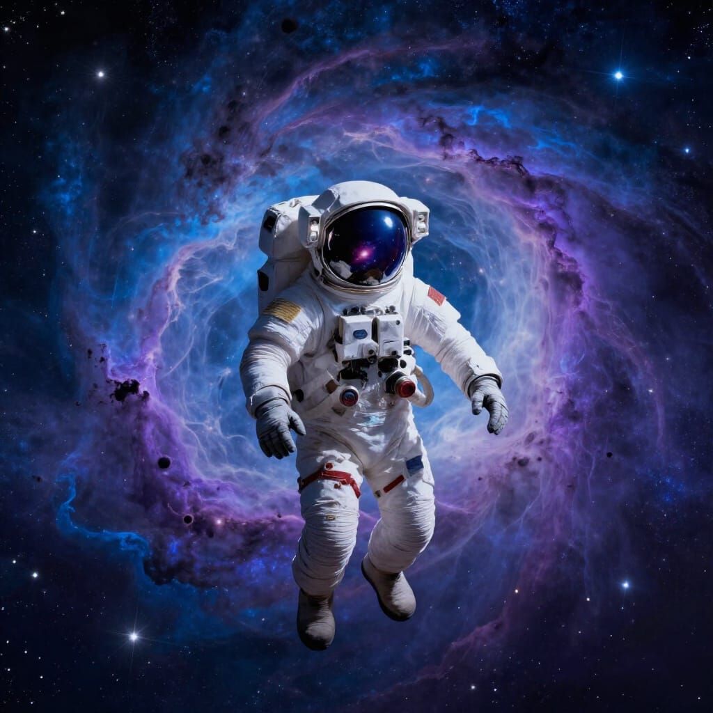 Astronaut Adrift in Cosmic Void with Distant Galaxy Reflecti...