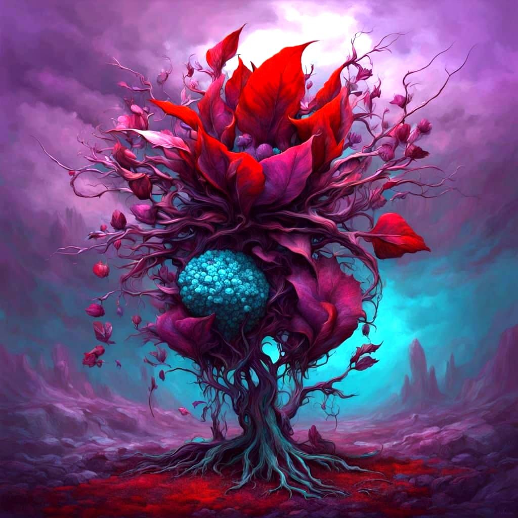 Surreal Red Plant in Dark, Photorealistic Landscape