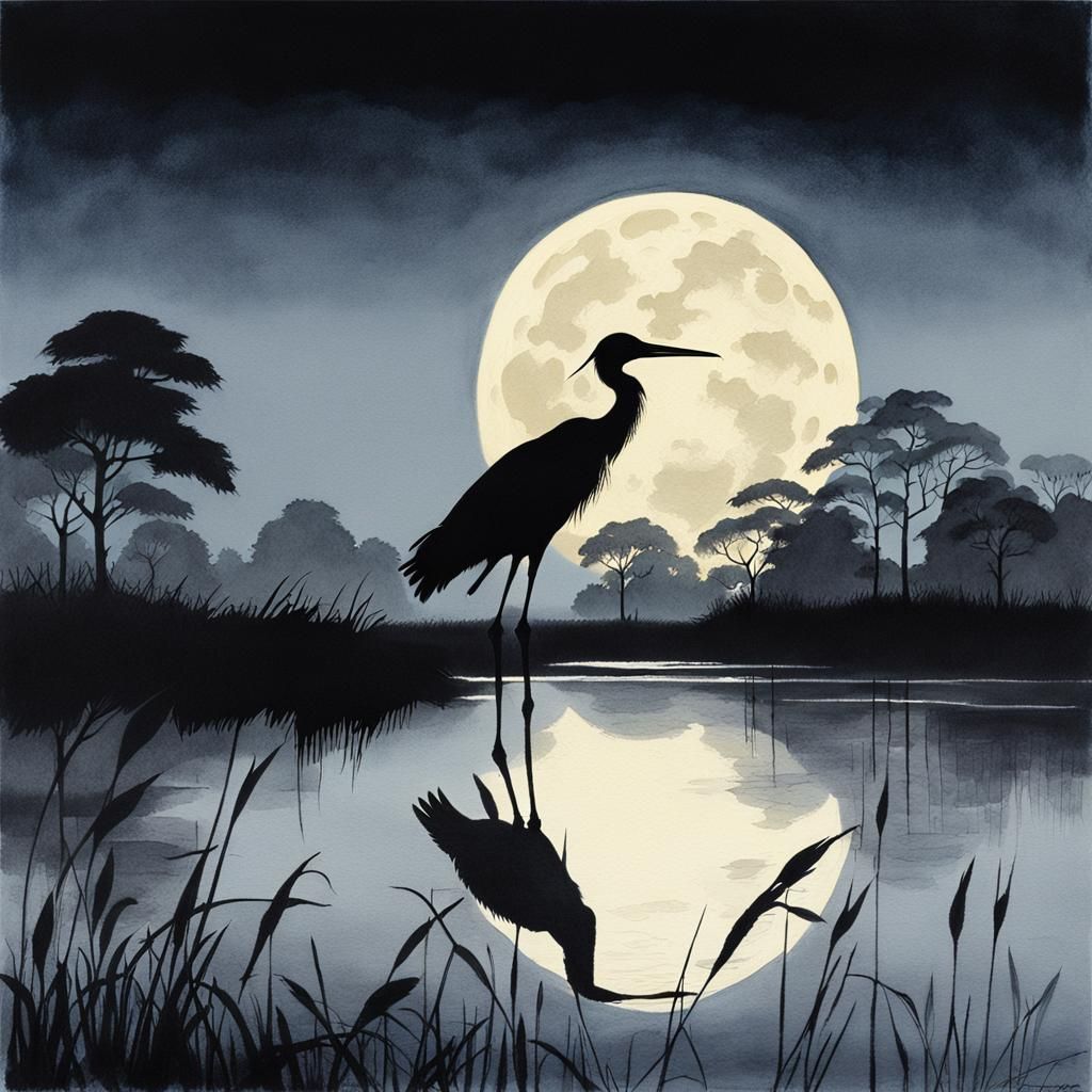 Stork Silhouette in Misty Pond: Gouache Impasto