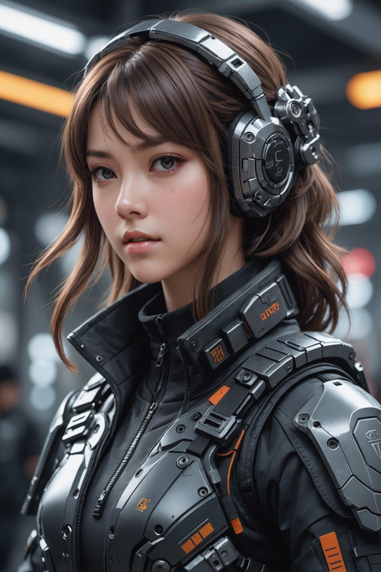 Hyperrealistic portrait of a beautiful girl wearing intricately detailed with tactical clothing and futuristic weaponry ...