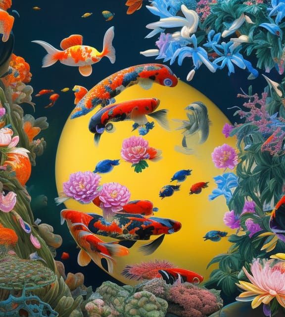 Surreal Anatomical Forms in Alien Koi Landscape