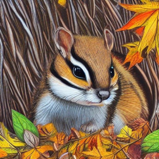 Hyper-Realistic Chipmunk Gathering Nuts in Golden Hour Fores...