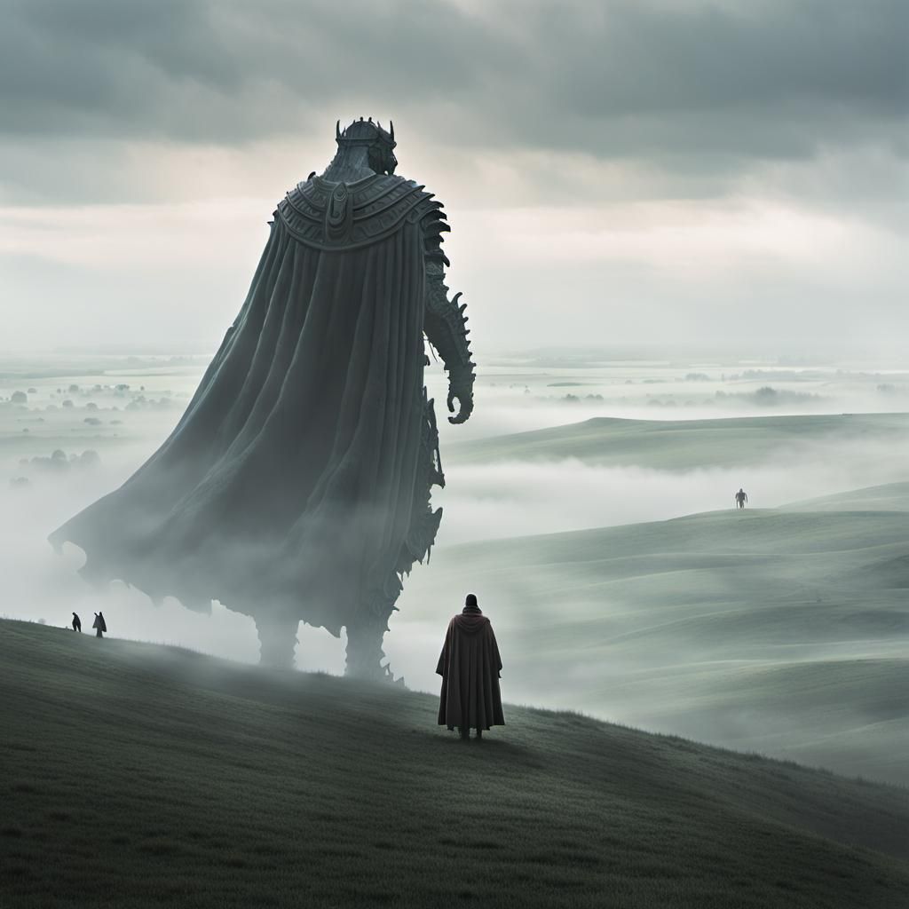 Ominous Cloaked Figure Overlooking Colossal Humanoids