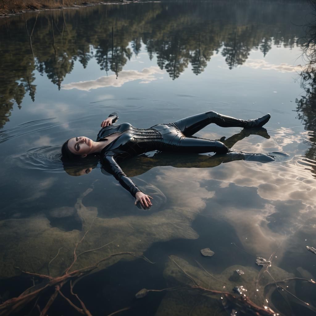 Gothic Woman Reflected in Crystal Lake: Photorealistic Art