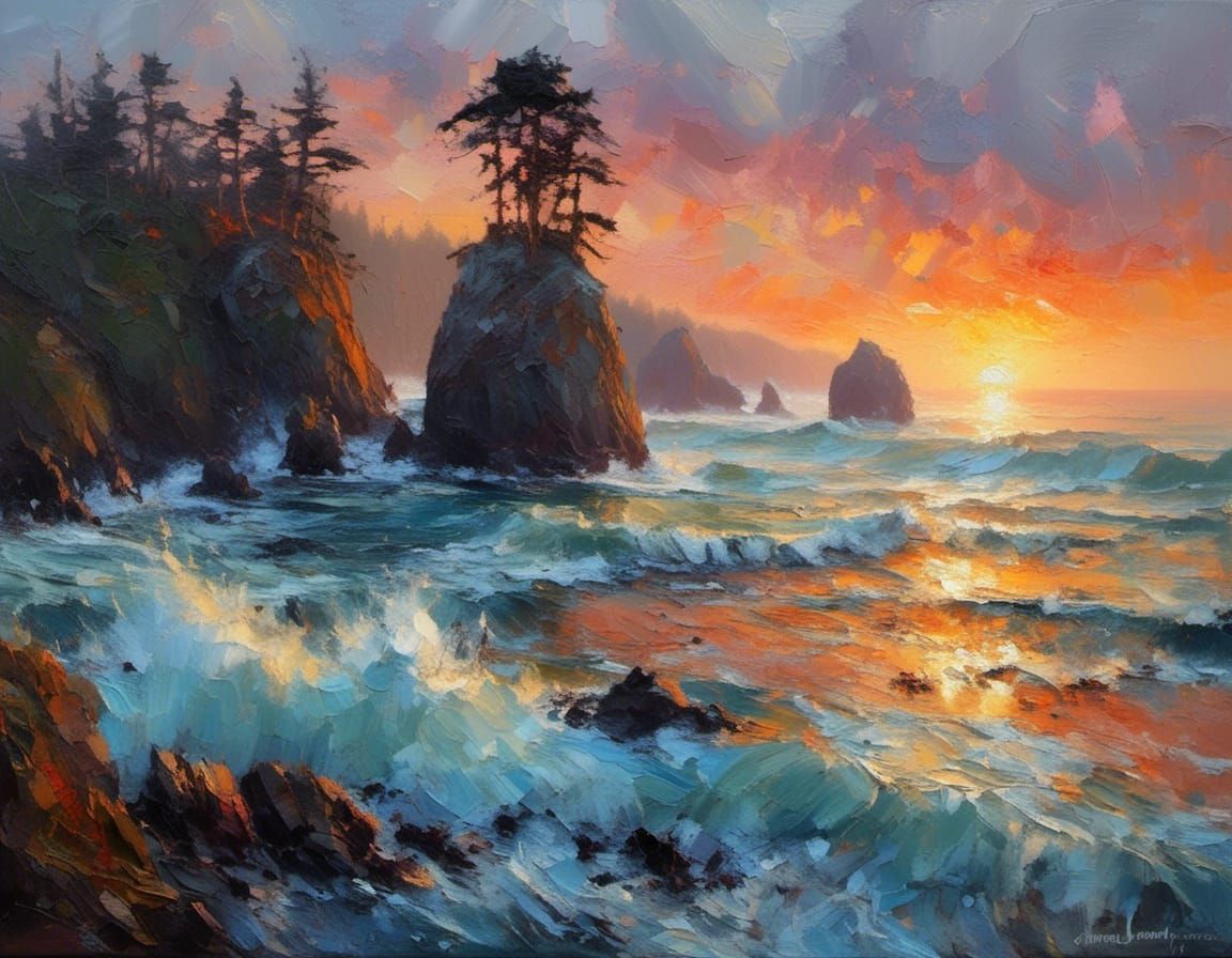 Pacific Northwest Sunset as Impasto Oil Painting