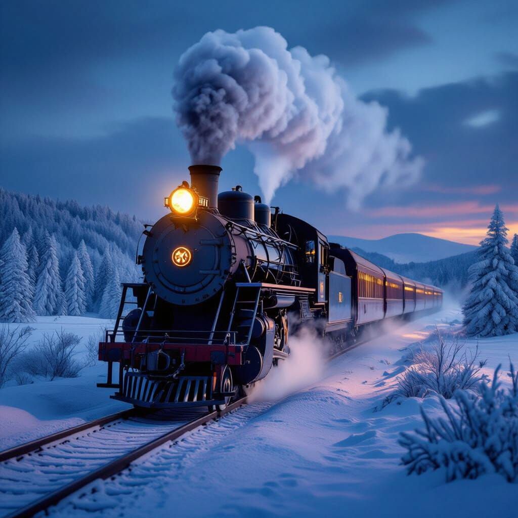 Vintage Steam Train on Snowy Plain at Twilight