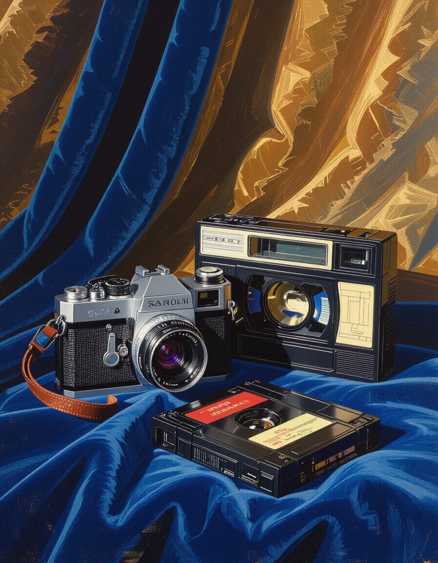 Vintage Camera and VHS Tape on Blue Velvet