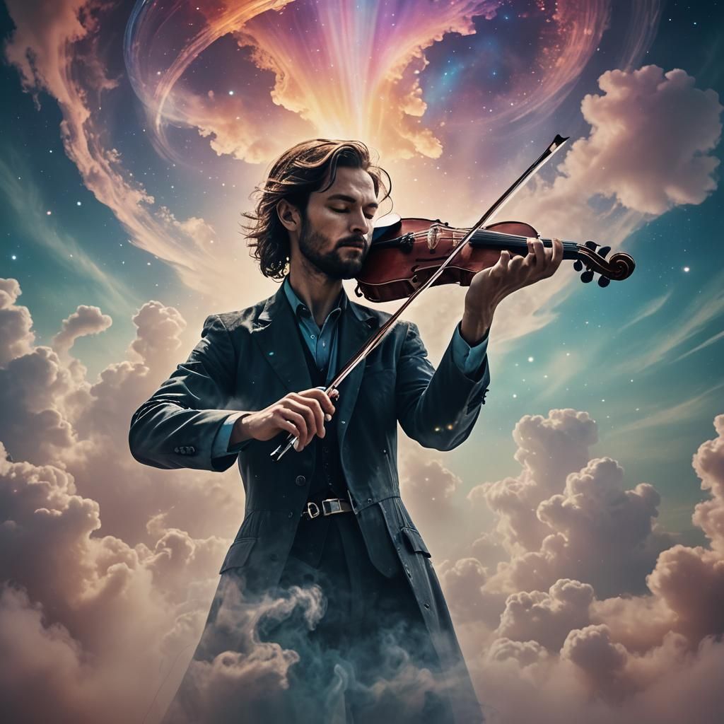 Mystical Violinist in Haze: Surreal Cinematic Still