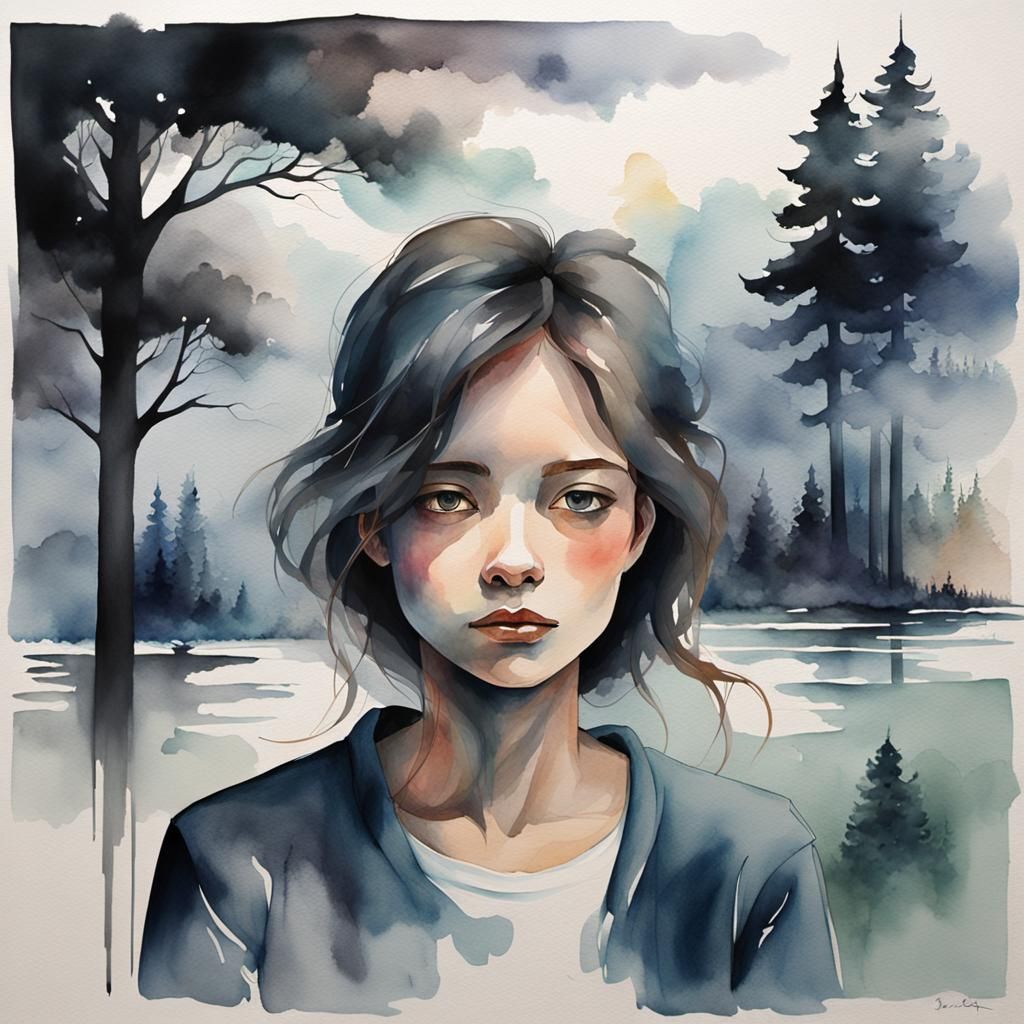 Emotional Watercolor Portrait of Shadow and Light