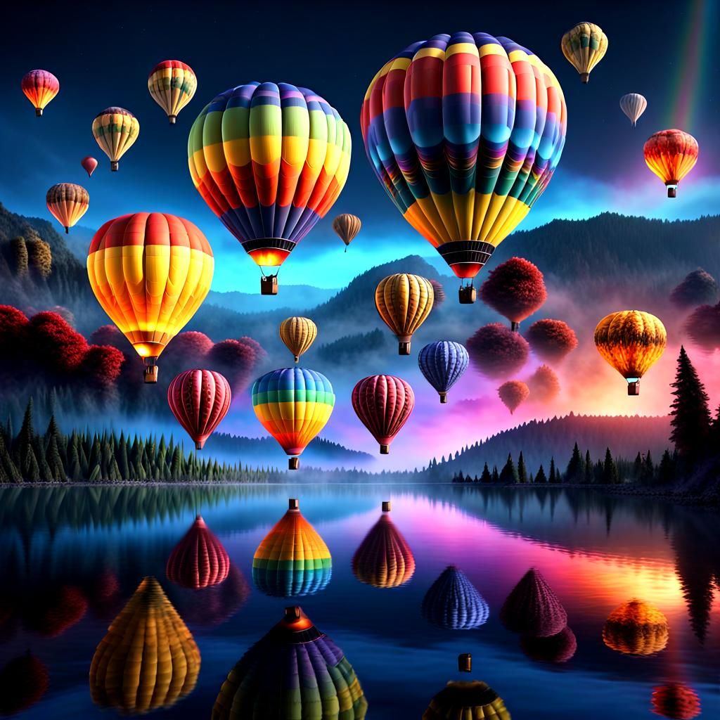 Rainbow Hot Air Balloons Over Reflective Lake