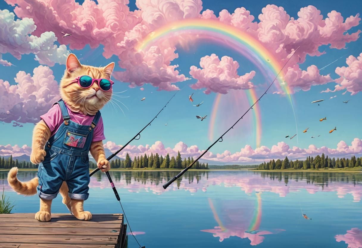 Pastel Cat Fisherman in Baroque Street Art Style
