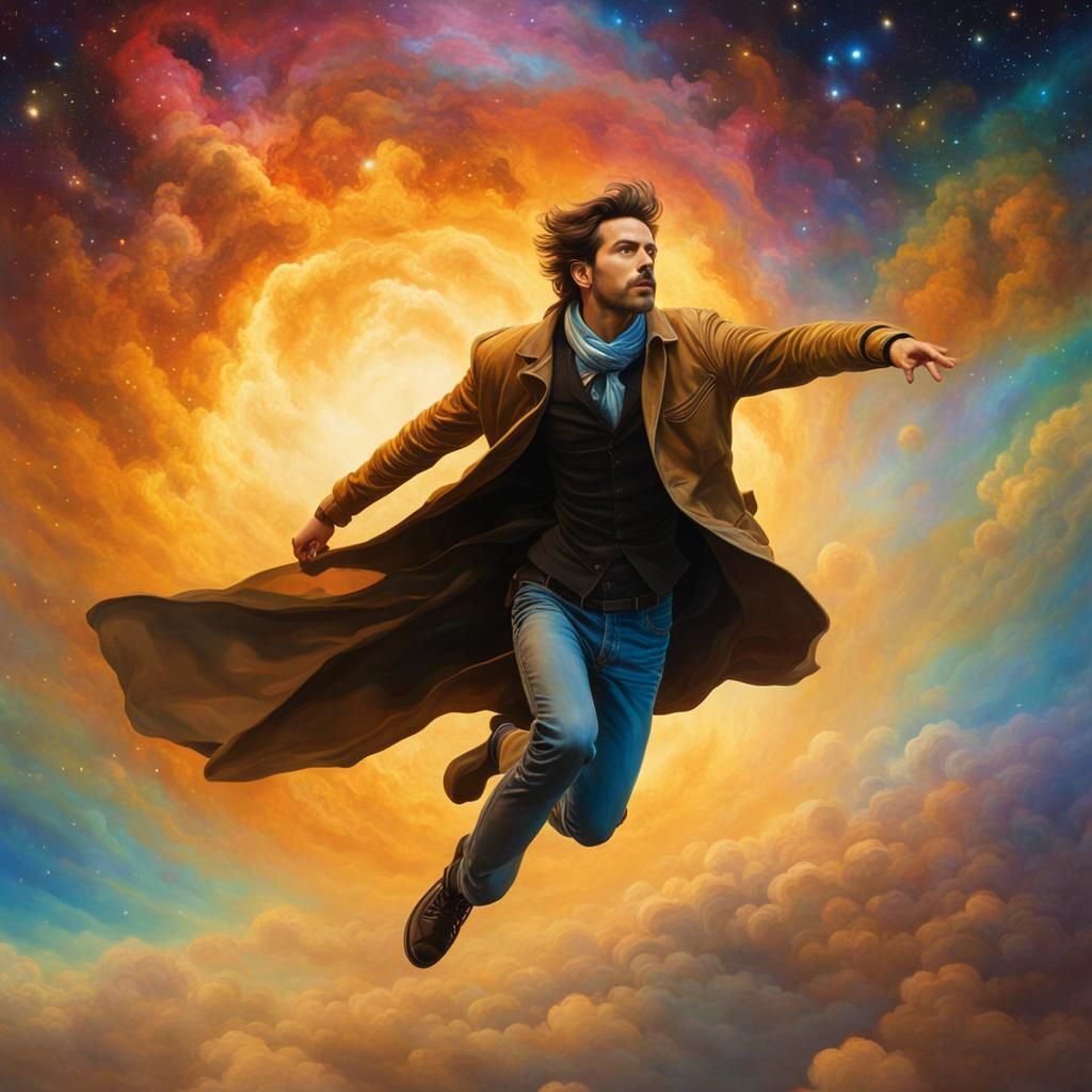 Man Flies Through Multicolored Nebula: Airbrush Painting