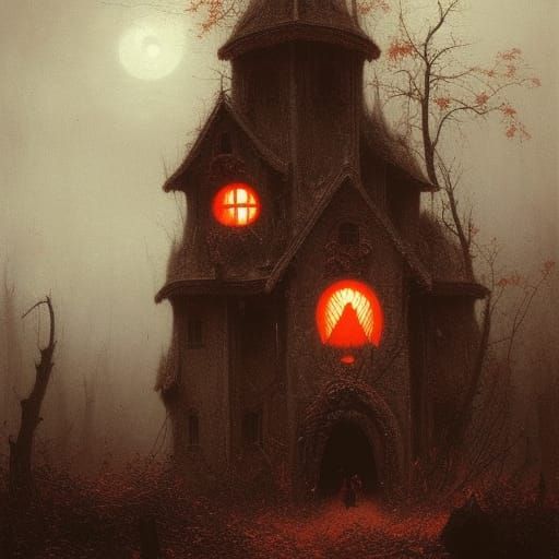 Eerie Mushroom Houses in Mist: Halloween Fantasy