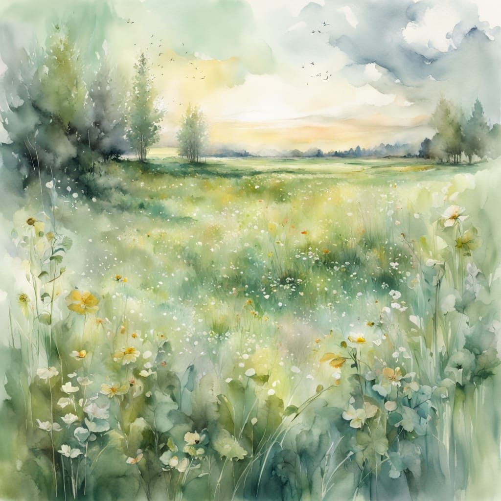 Pastel Green Meadow in Watercolour Style