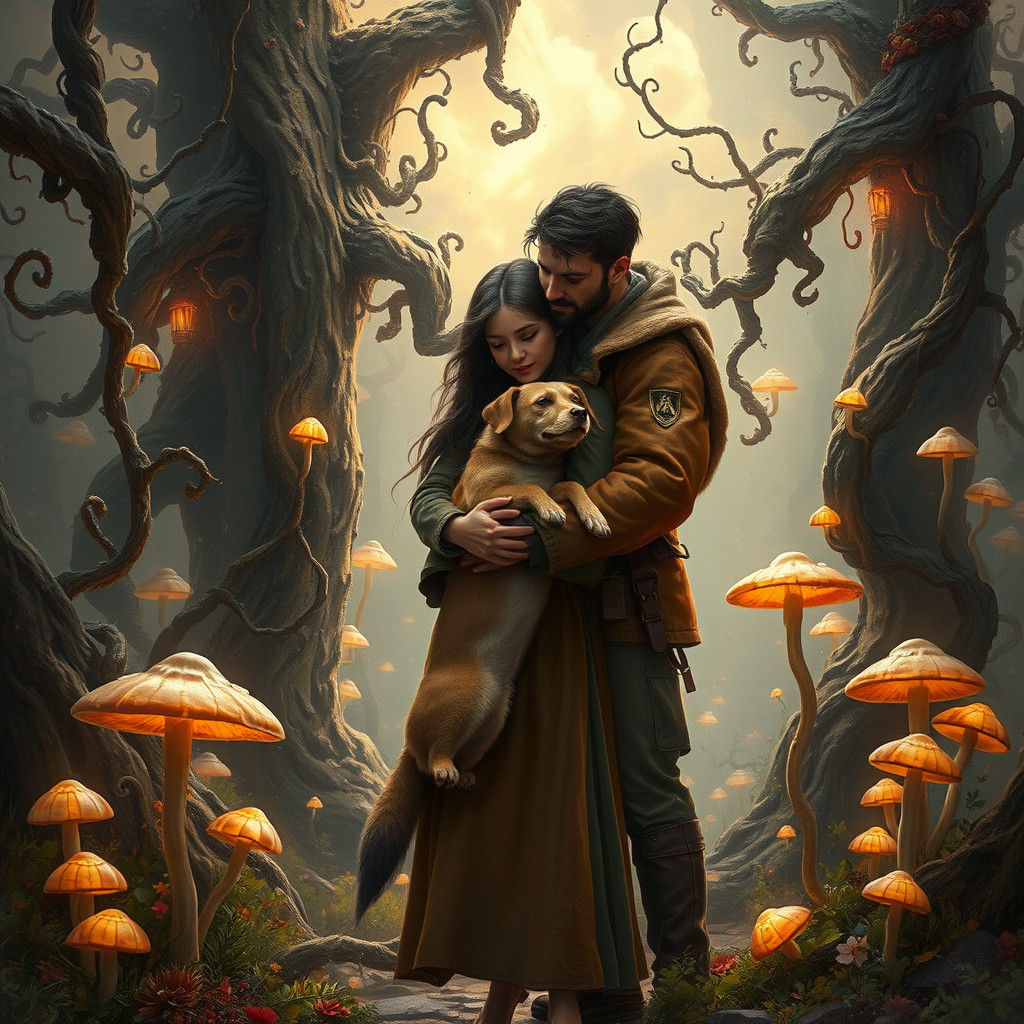 Loving Couple with Dog in Dreamlike Landscape