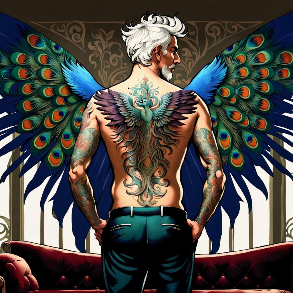 Silver Haired Man with Peacock Tattoo, Art Nouveau Style