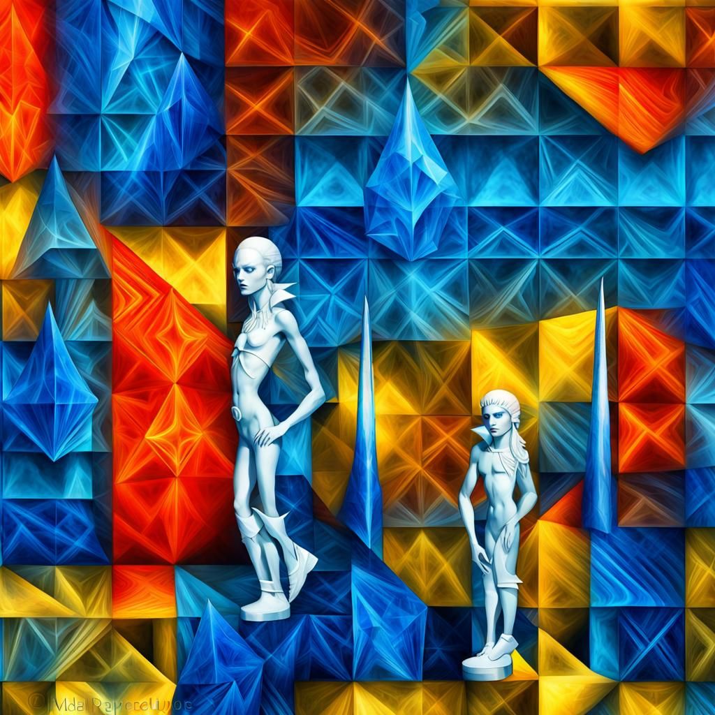 white cristal elves  with pyramidal heads third eye dancing,...