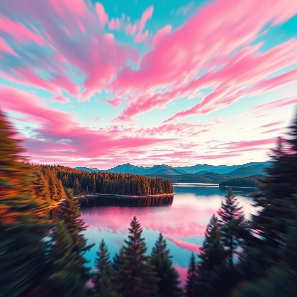 Vibrant Pink Lake Scene in Bauhaus-Inspired Digital Art