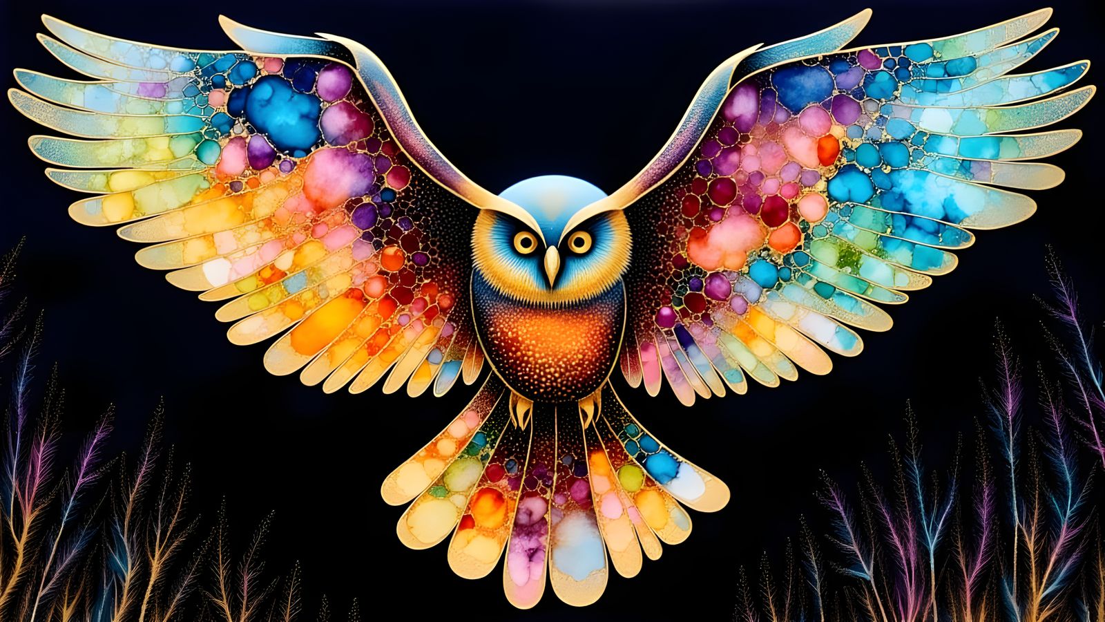 Abstract Alcohol Ink Owl in Swirling Midnight Landscape