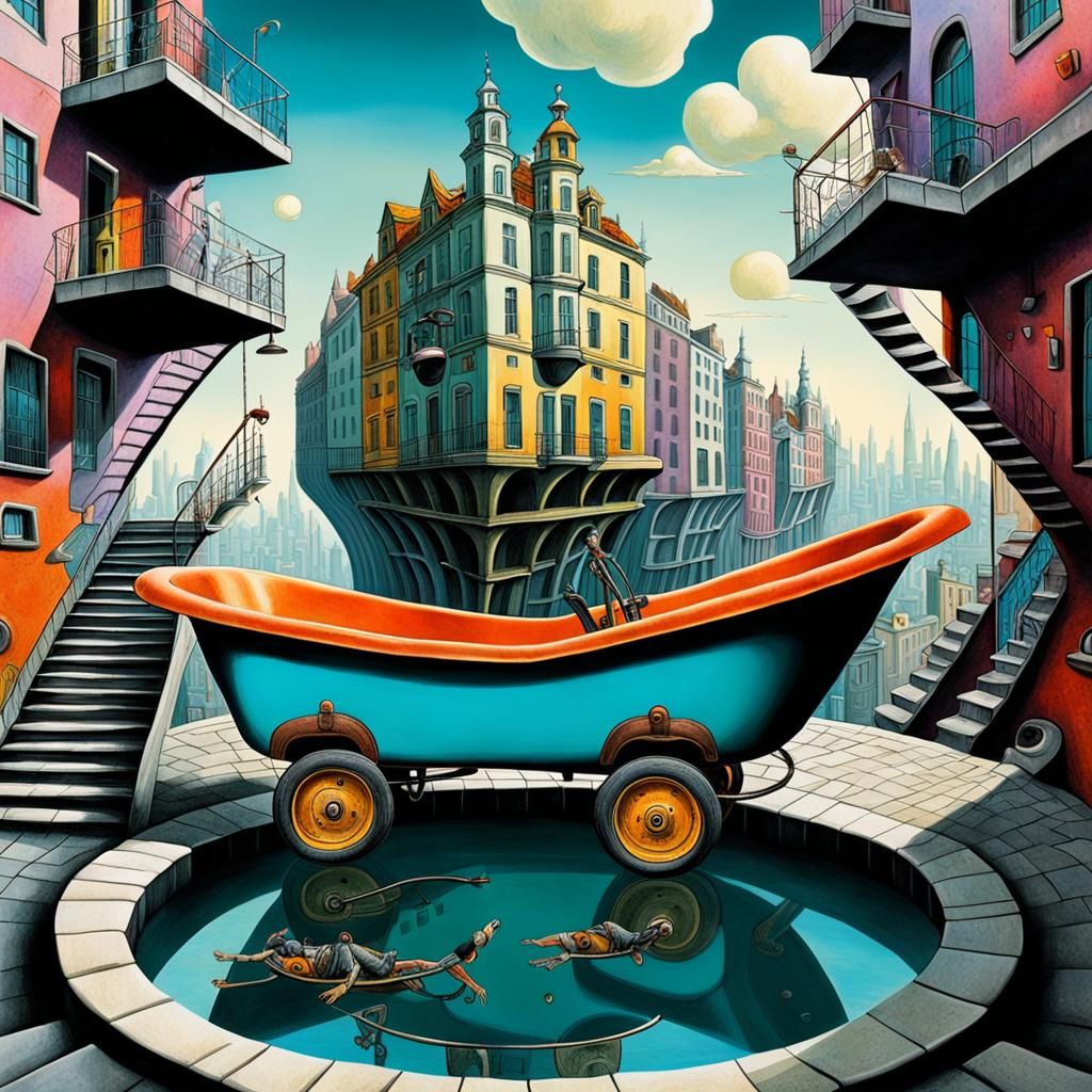 Surreal Car-Bath in Impossible City, Vivid Colors