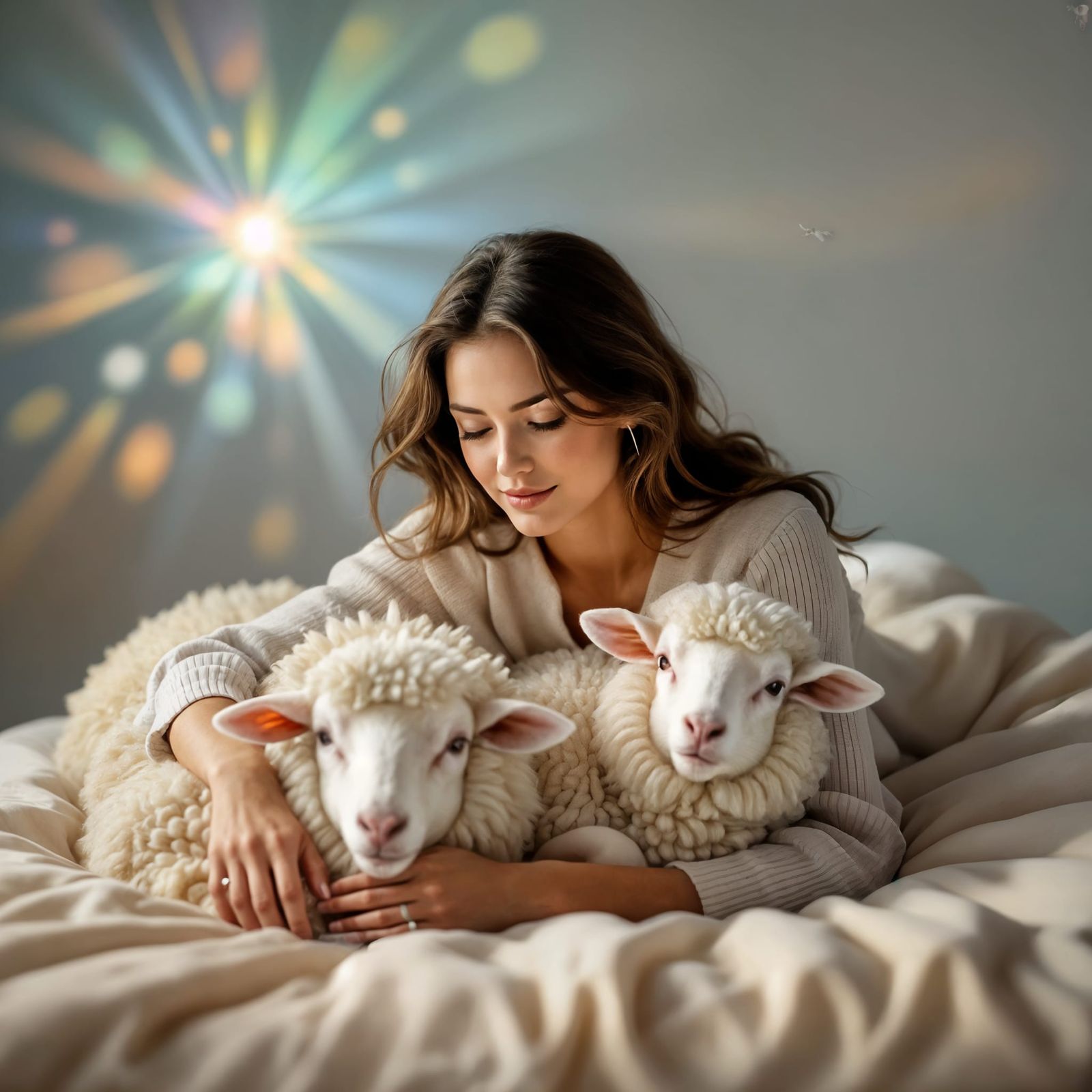 Model Posing With Fluffy Sheep in Studio