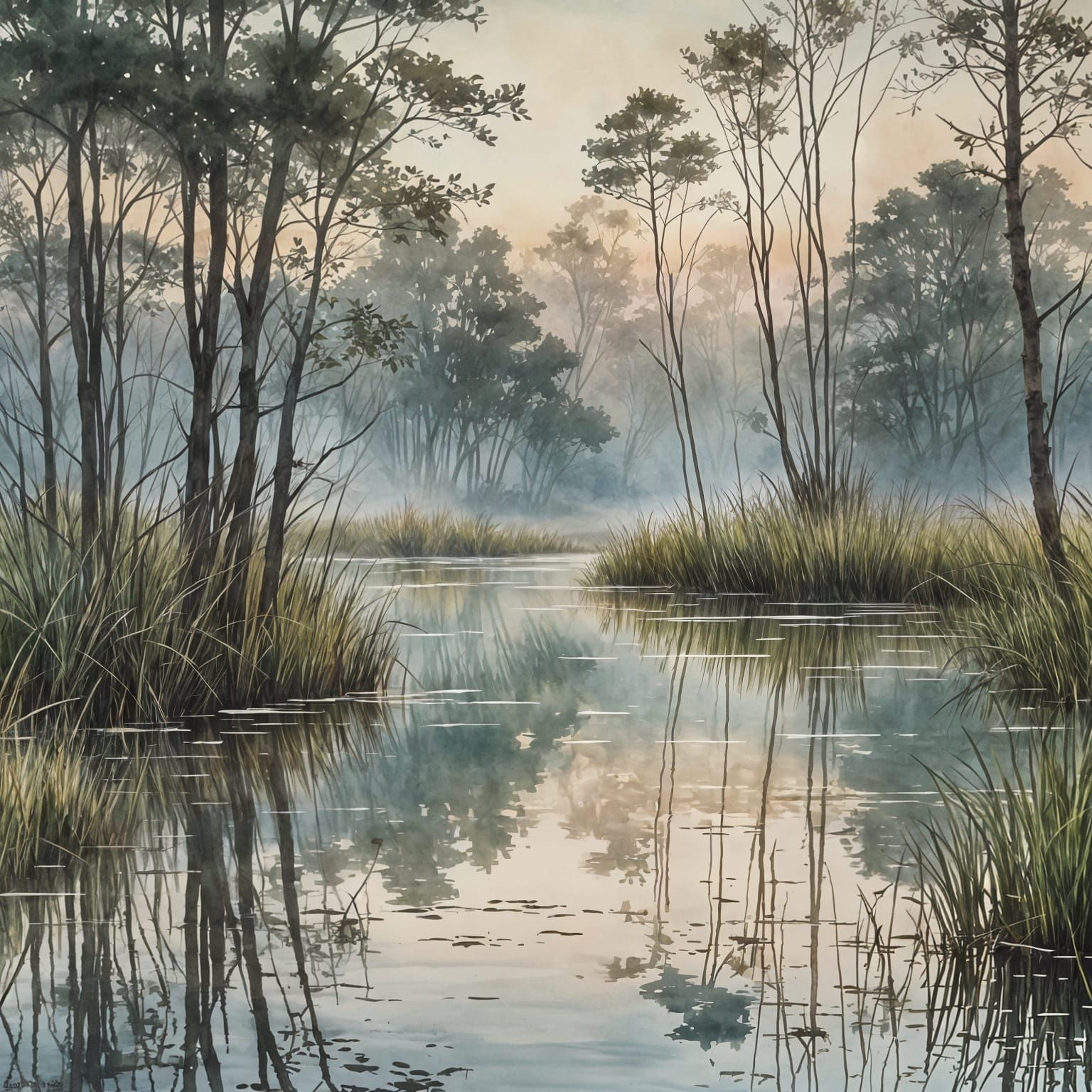 Dawn Over Wetlands in Ink and Watercolor