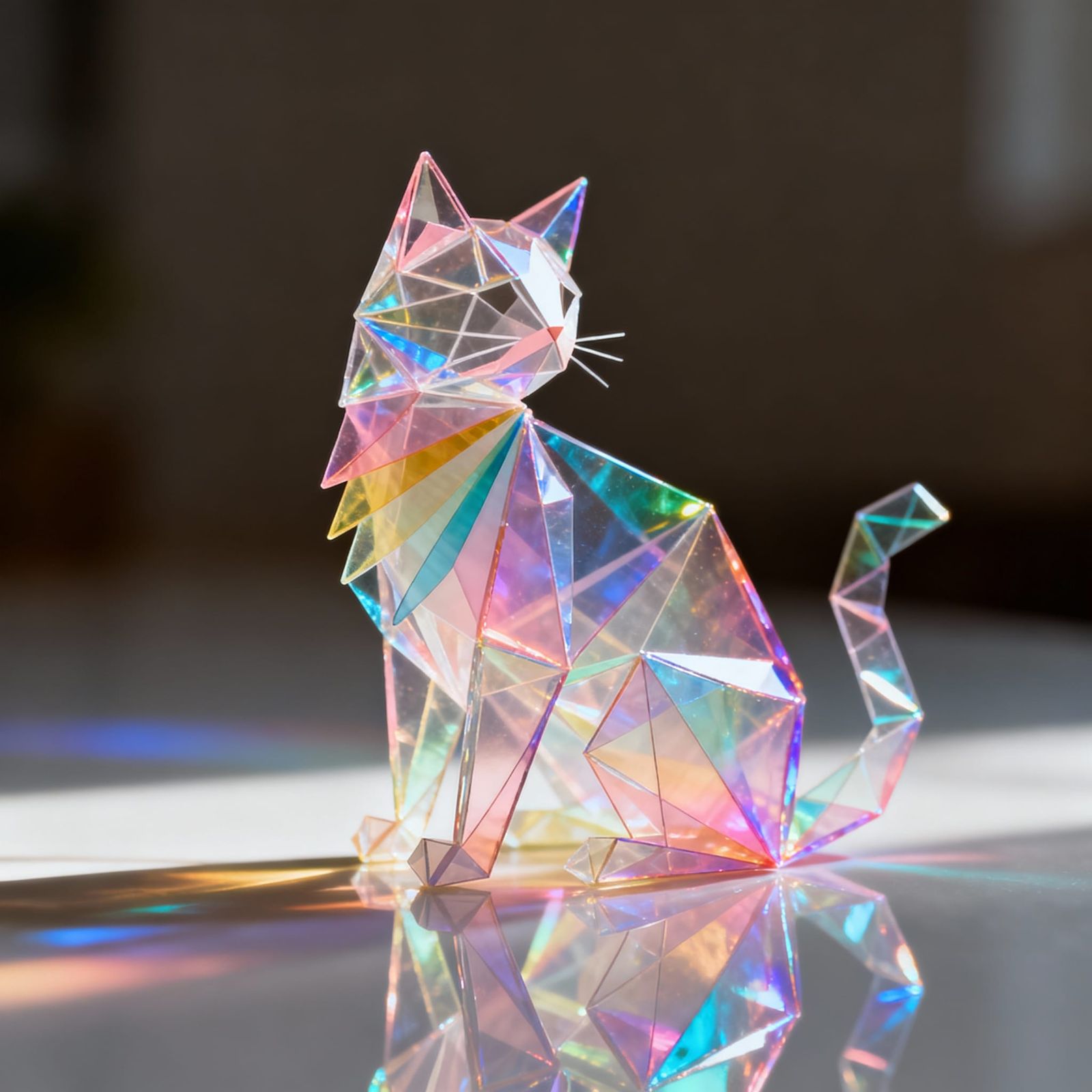 Origami Cellophane Cat Sculpture with Rainbow Gradients
