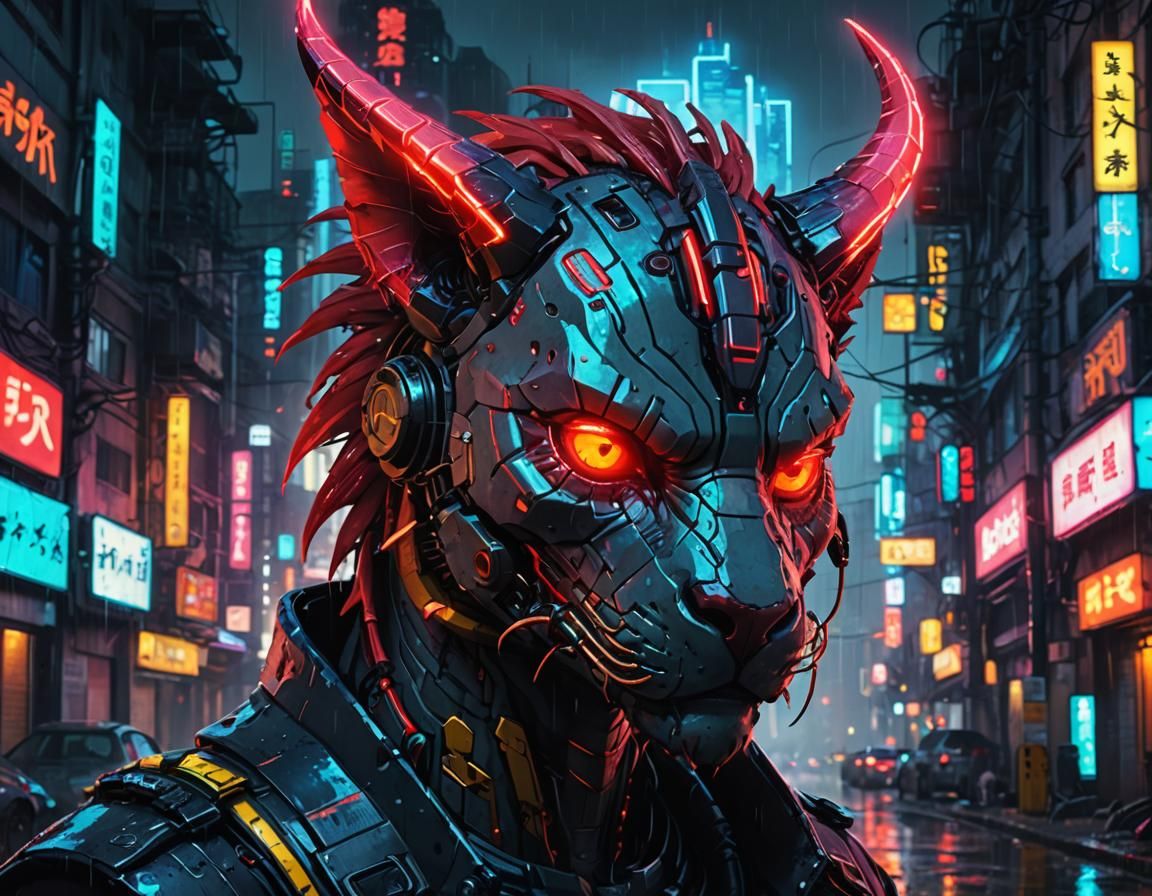 Cyberpunk Chimera Portrait in Neon Cityscape