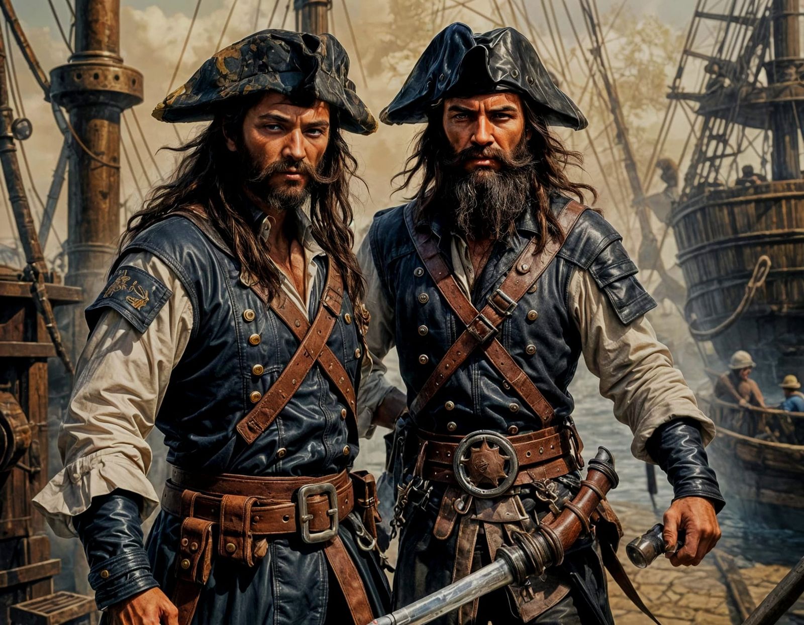 Black-Bearded Pirate with Sabers at the Helm