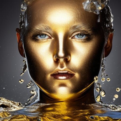 Metallic Figure Emerges from Gold Pool