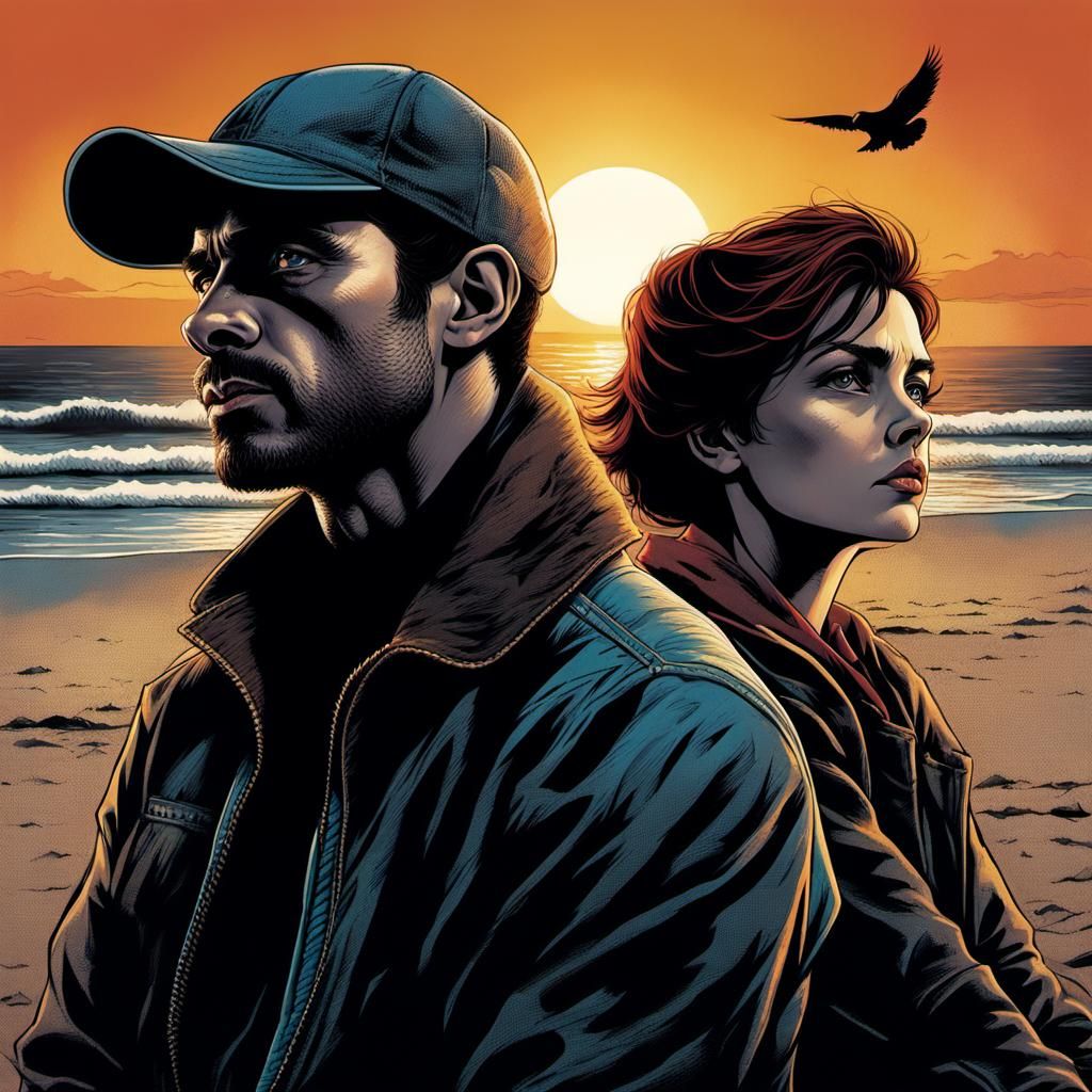 Romantic Beach Sunset: A Comic Book Illustration