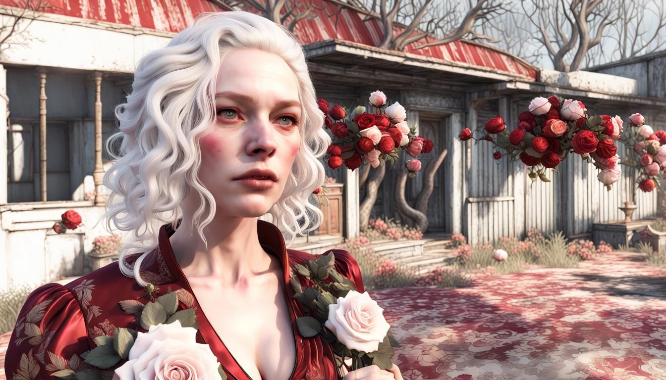 Albino Woman in Crimson Dress, Hyperrealistic Portrait