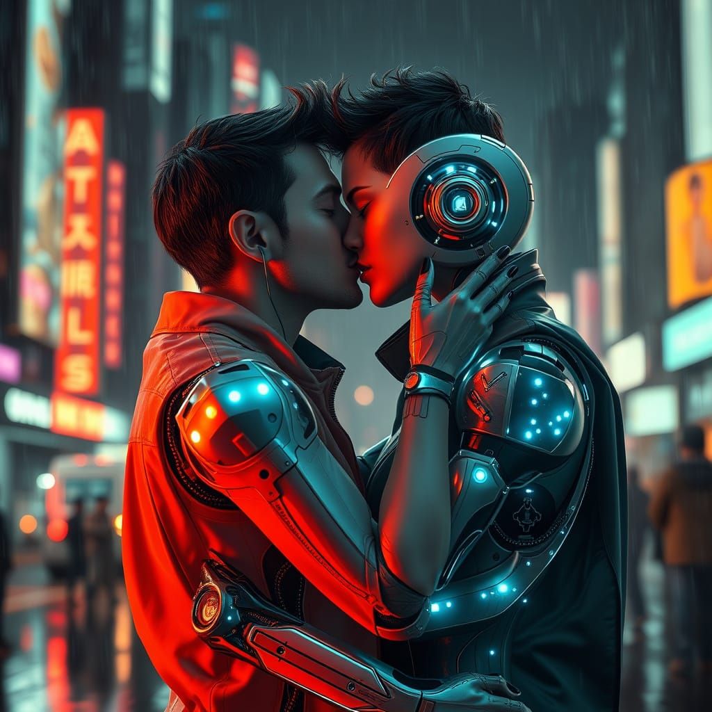 Passionate Kiss Between Human and Android in Cyberpunk City